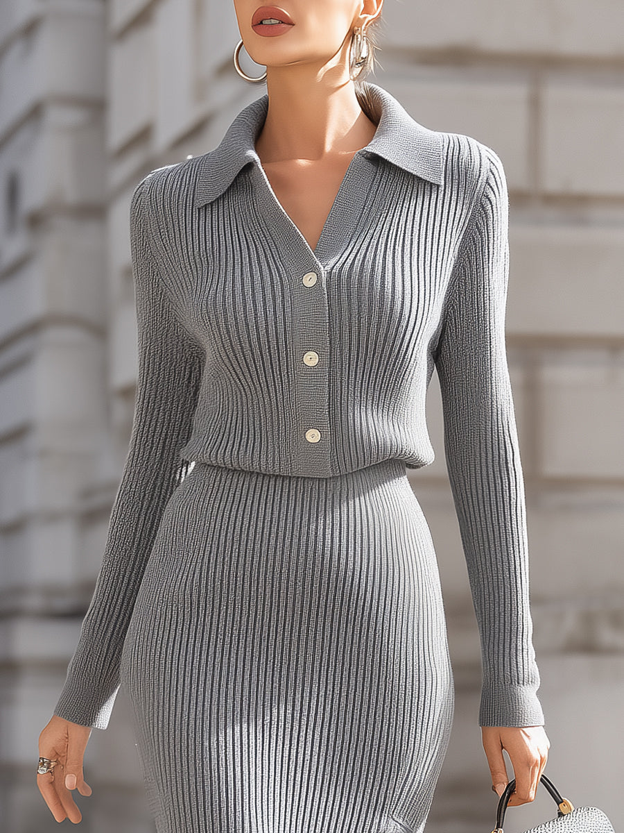 Elegant Grey Ribbed Knit Top And Midi Skirt Set