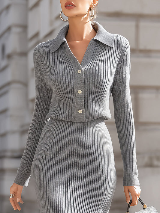 Elegant Grey Ribbed Knit Top And Midi Skirt Set