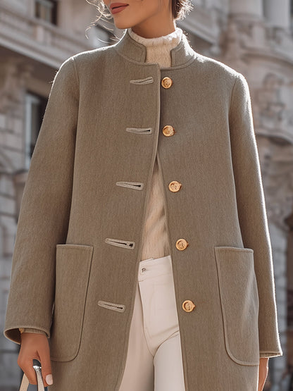 Elegant Wool-Blend Mid-Length Coat With Gold-Tone Buttons