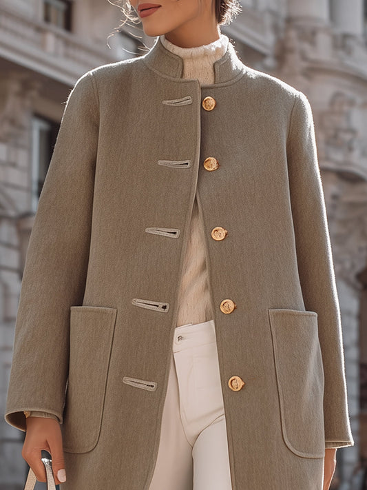 Elegant Wool-Blend Mid-Length Coat With Gold-Tone Buttons