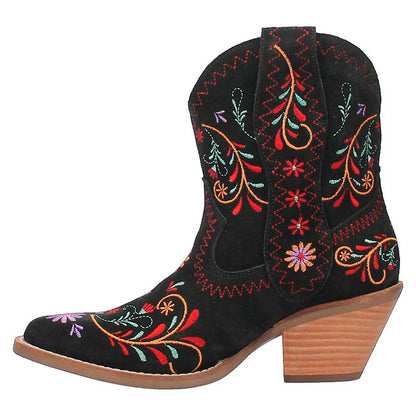 Almond Toe Colorful Floral Embroidered Cowgirl Boots in Black