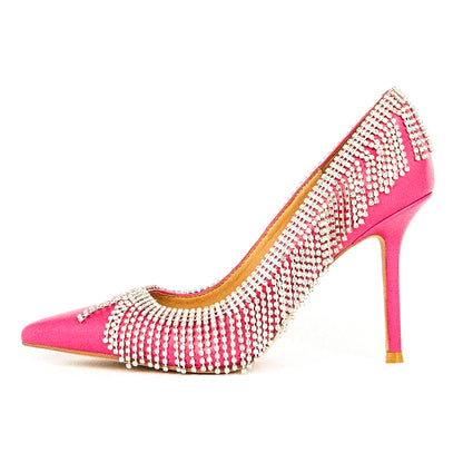 Elegant Fuchsia Pointed Toe Rhinestone Fringe Stiletto Court Shoes