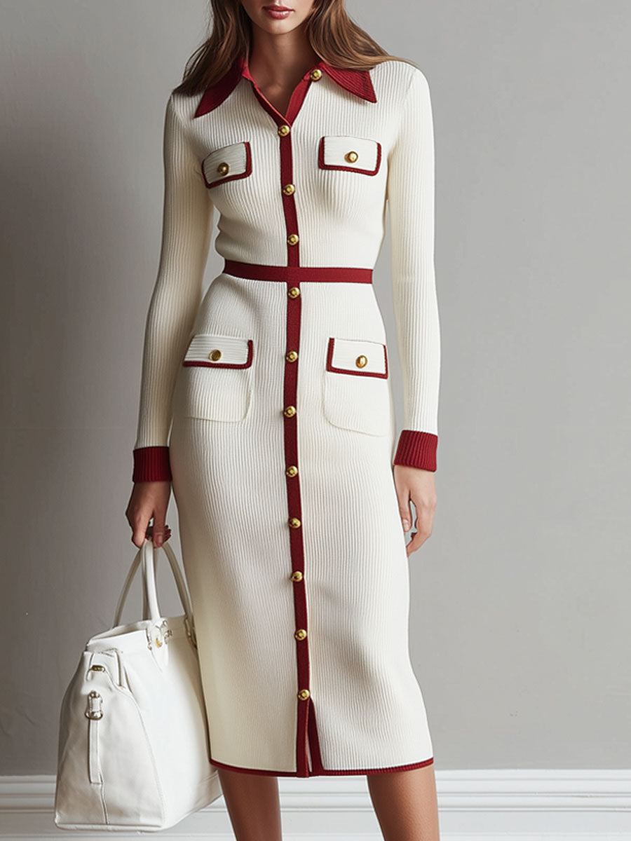 Elegant Lapel Contrast Shirt-style Knitted Midi Dress
