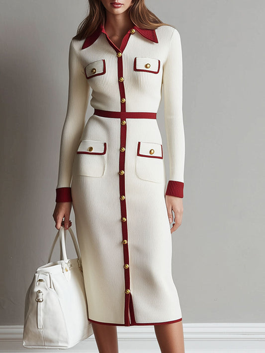 Elegant Lapel Contrast Shirt-style Knitted Midi Dress