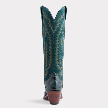 Dark Teal Faux Suede Low Block Heel Snakeskin Snip Toe Western Boots