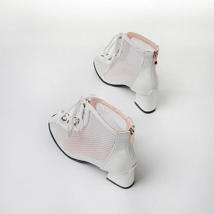 Fashion White Mesh Peep Toe Chunky Heel Lace Up Booties for Women