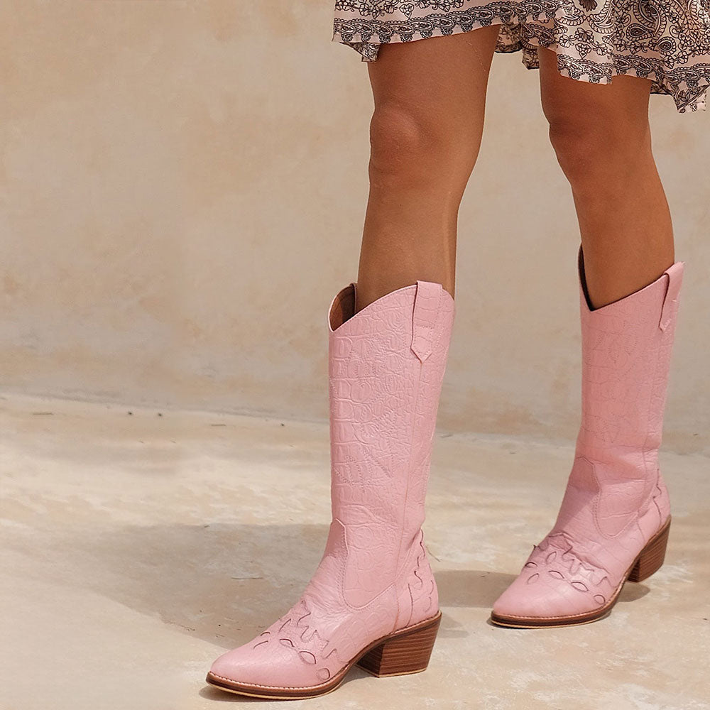 Faux Leather Embroidered Pointed Toe Pink Mid-Calf Cowgirl Boots