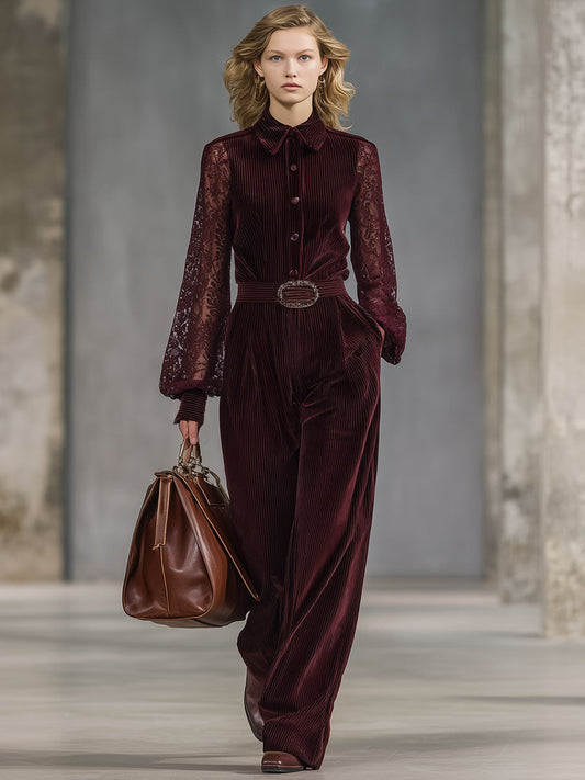 Fashion Retro Wine Red Corduroy Lace Long Sleeve Wide Leg Jumpsuit