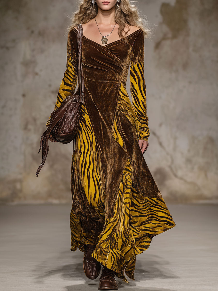 Fashion Retro Tiger Print Cocoa Brown Velvet Long Sleeve Maxi Dress
