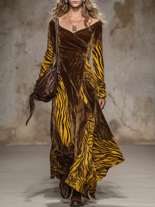 Fashion Retro Tiger Print Cocoa Brown Velvet Long Sleeve Maxi Dress