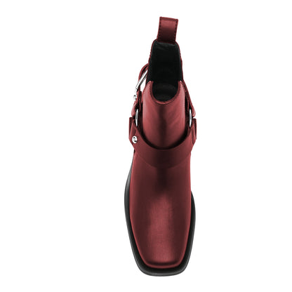 Adjustable Buckle Strap Square Toe Block Heeled Ankle Boots in Maroon
