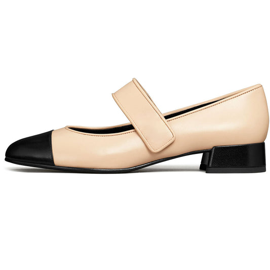 Beige Vegan Leather Black Round Toe Strap Mary Janes for Women