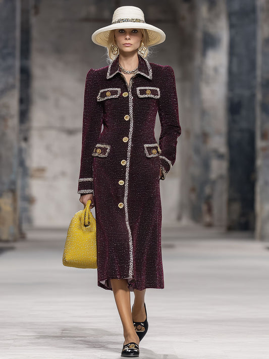 Fashion Retro Ribbon Trim Bright Silk Burgundy Velvet Long Coat