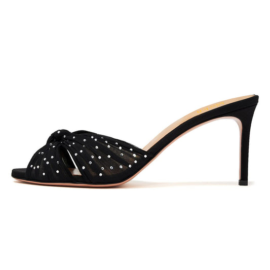 Fashion Rhinestone Peep Toe Black Mule Heels for Women