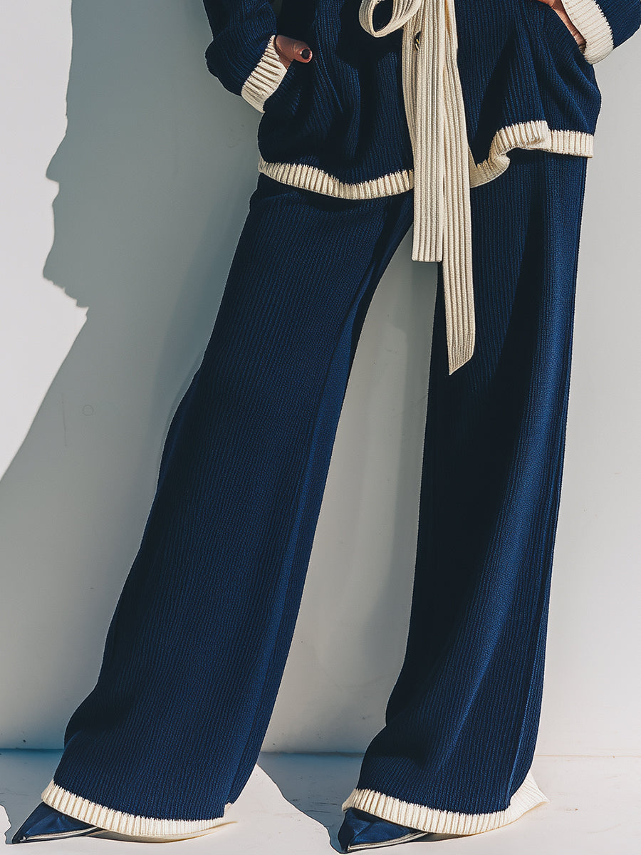 Fashionable Lazy Style White Contrasting Edge Navy Blue Knitted Cardigan Wide-leg Pants Set