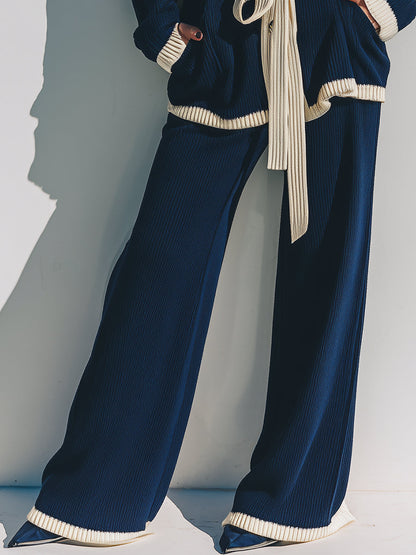 Fashionable Lazy Style White Contrasting Edge Navy Blue Knitted Cardigan Wide-leg Pants Set