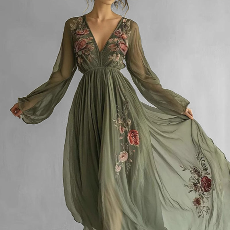 Elegant Floral Print Deep V Neck Long Sleeve Maxi Dress