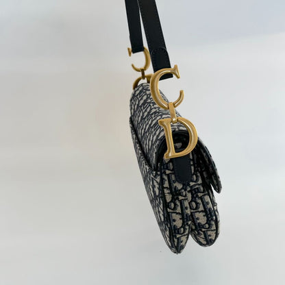 Dior Blue Oblique Canvas And Leather Saddle shoulder bag