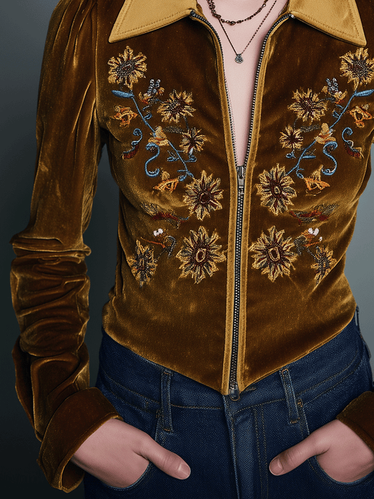 Embroidered Velvet Zip-Up Jacket