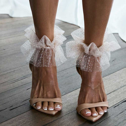 Beige Pointed Toe 3'' Stiletto Heel Mesh Flared Ankle Strap Sandals
