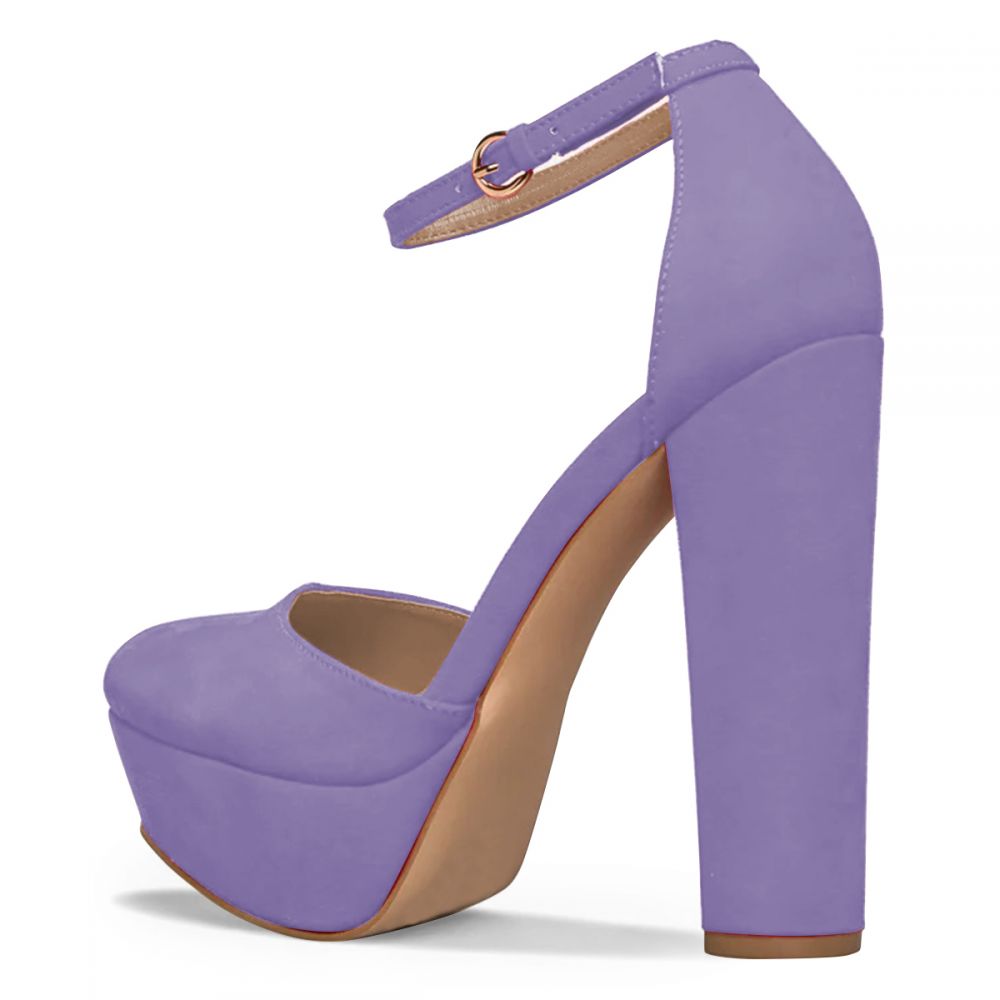 Elegant Purple Platform Pumps Closed Toe Ankle Strap Chunky Heels