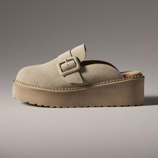 Beige Closed Round Toe Buckled Strap Platform Shoes for Women