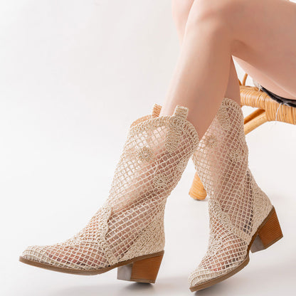 Fishnet Pointed Toe Block Heel Hollow-Out Flower Beige Cowboy Boots