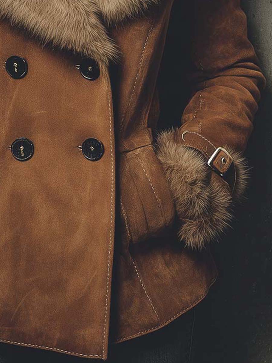 Faux Suede Jacket With Fur Collar & Cuffs