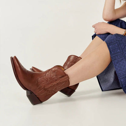 Dark Brown Snip Toe Slip-on Western Cowgirl Booties for Women