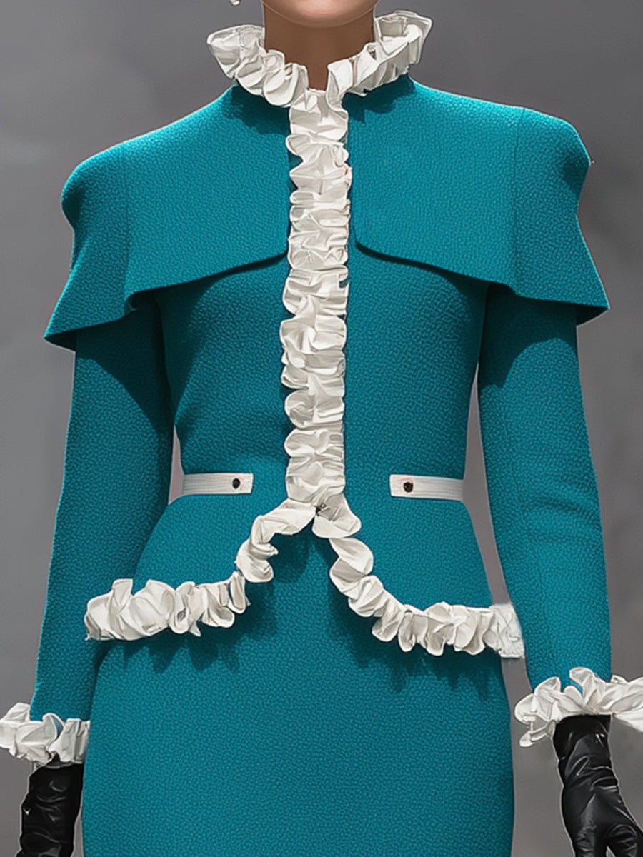 Designer Peacock Blue Ruffled Jacket And Skirt Set