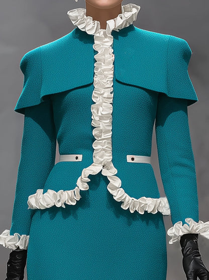 Designer Peacock Blue Ruffled Jacket And Skirt Set