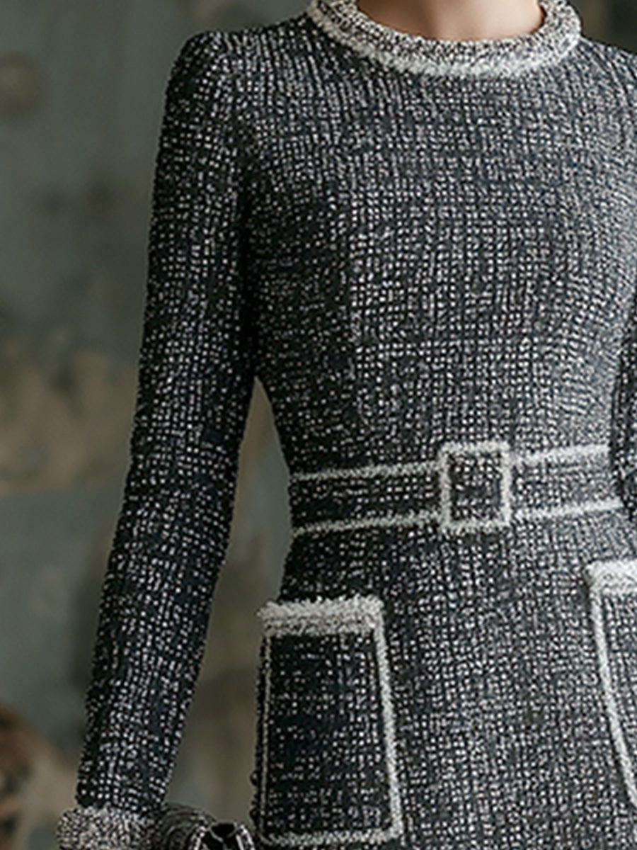 Elegant And Charming Gray Tweed Round Neck Belted Long Sleeve Midi Dress