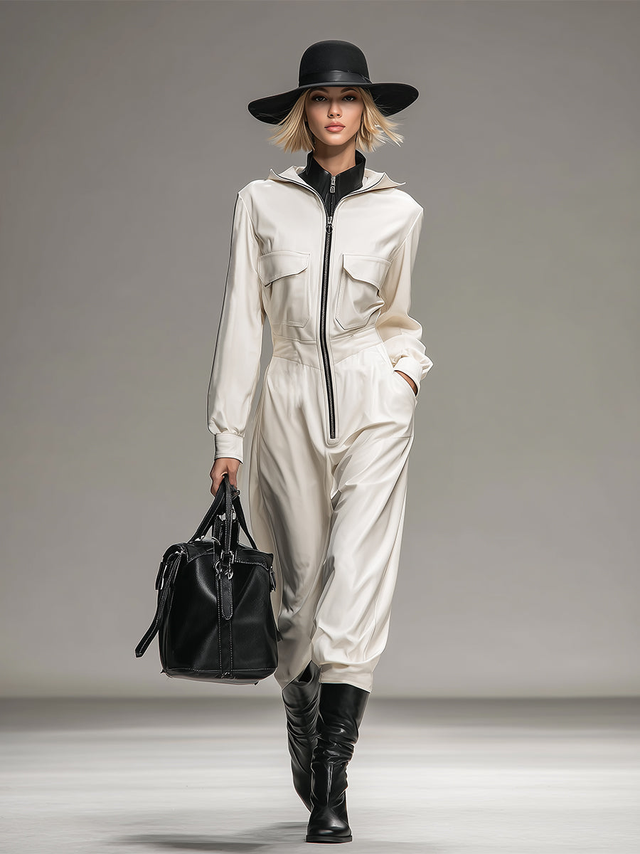 Fashionable And Casual White Lapel Zipper Pocket Faux Leather Long-sleeved Jumpsuit