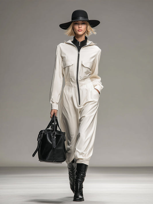 Fashionable And Casual White Lapel Zipper Pocket Faux Leather Long-sleeved Jumpsuit