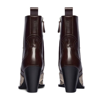 Dark Brown Faux Leather Chunky Heel Short Western Boots with Zipper