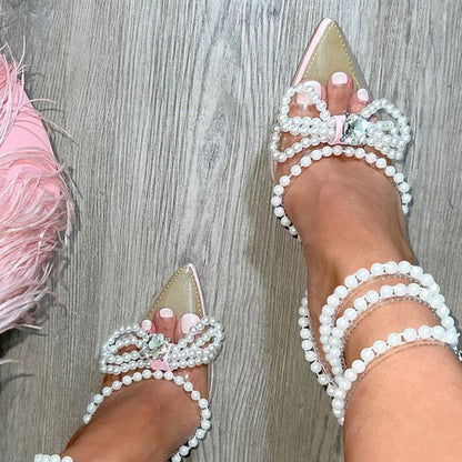 Elegant Pink Pointed Toe PVC Bow Heels Pearl Wrap Strap Wedding Shoes