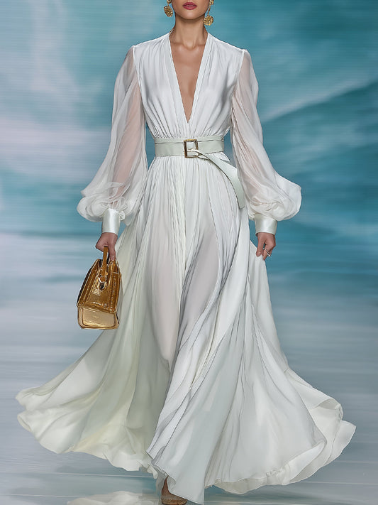 Elegant And Charming White V-neck Lantern Sleeve Maxi Dress