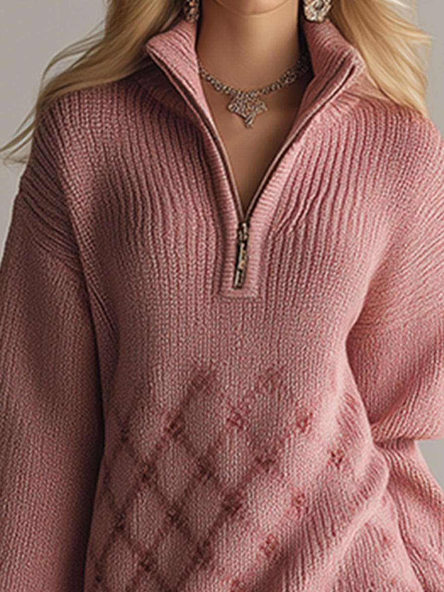 Elegant And Casual Dry Pink Half-zip Knitted Long-sleeved Midi Dress