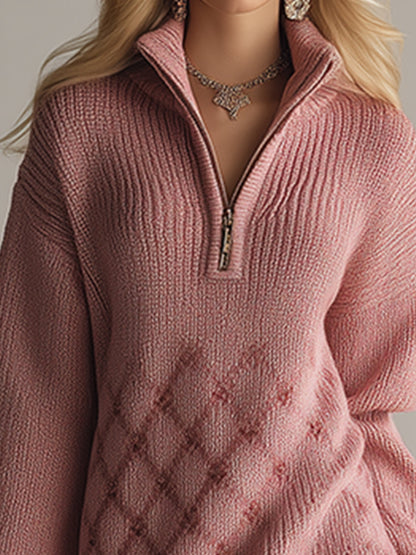 Elegant And Casual Dry Pink Half-zip Knitted Long-sleeved Midi Dress