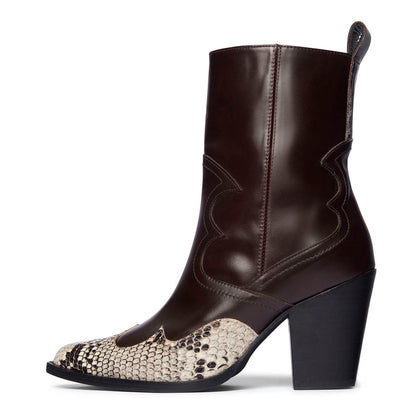 Dark Brown Faux Leather Chunky Heel Short Western Boots with Zipper
