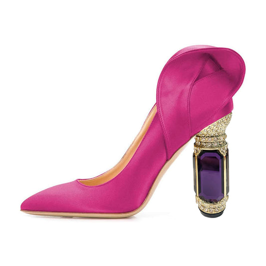 Fuchsia Satin Pointed Toe Pumps Shoes with Sculptural Heel