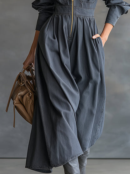 Fashionable Casual Lapel Front Zipper Pocket Gray Denim Long Sleeve Maxi Dress