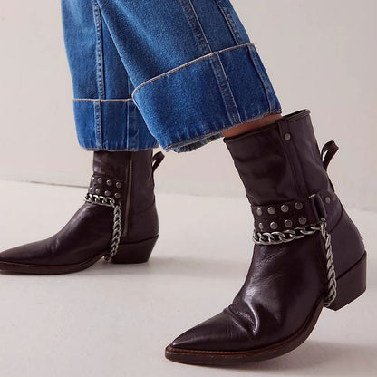 Dark Brown Pointed Toe Studded Western Cowgirl Boots for Women