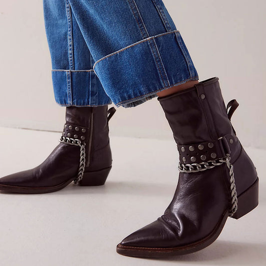 Dark Brown Pointed Toe Studded Western Cowgirl Boots for Women