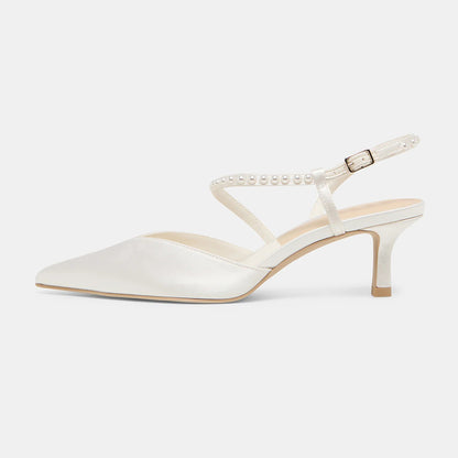 Elegant White Satin Pointed Toe Pearl Ankle Strap Wedding Heels