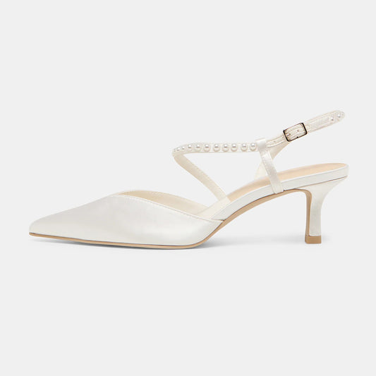 Elegant White Satin Pointed Toe Pearl Ankle Strap Wedding Heels