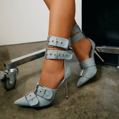 Denim Blue Pointy Toe 4'' Metallic Heel Buckle Studded Strappy Pumps