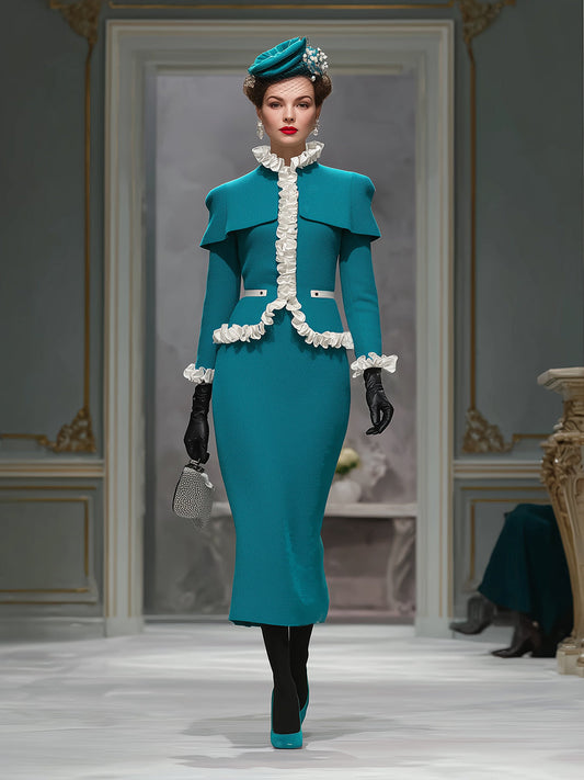 Designer Peacock Blue Ruffled Jacket And Skirt Set