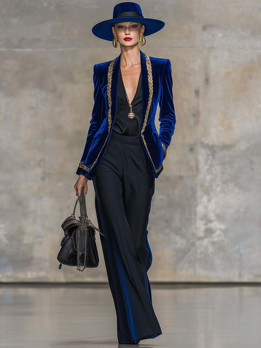 Elegant And Exquisite Collarless Gold Trim Royal Blue Velvet X-shaped Blzaer