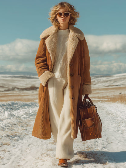 Fashion Retro Camel Corduroy Composite Polar Fleece Coat